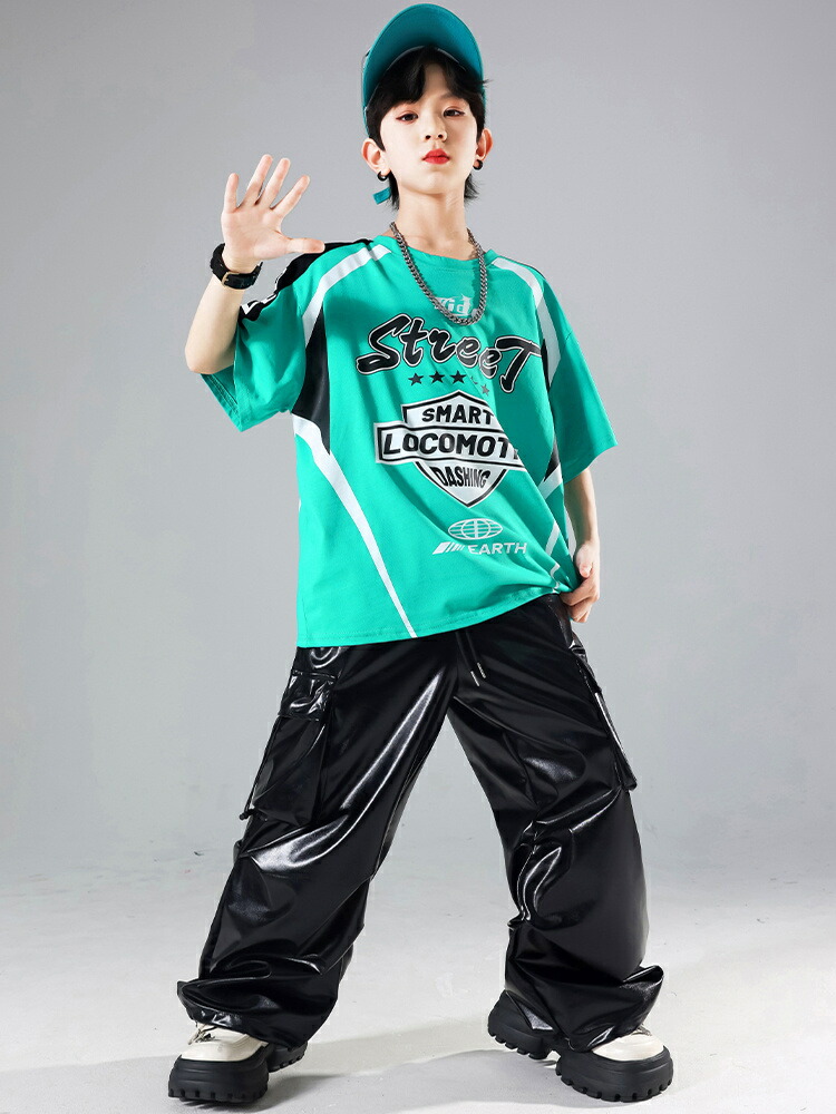 キッズダンス 黒 ブラック ミントブルー ヒップホップ ダンス衣装 セットアップ舞台 演出