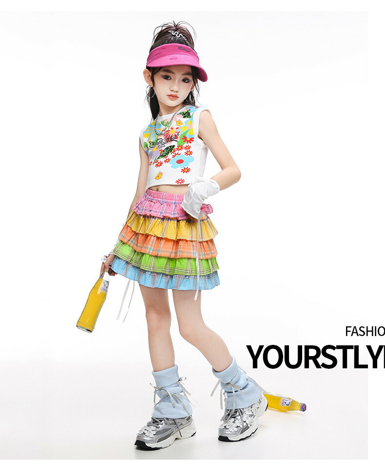 キッズダンス 女の子 虹色 スカート 3点セット 演出服 ピンク プリーツ