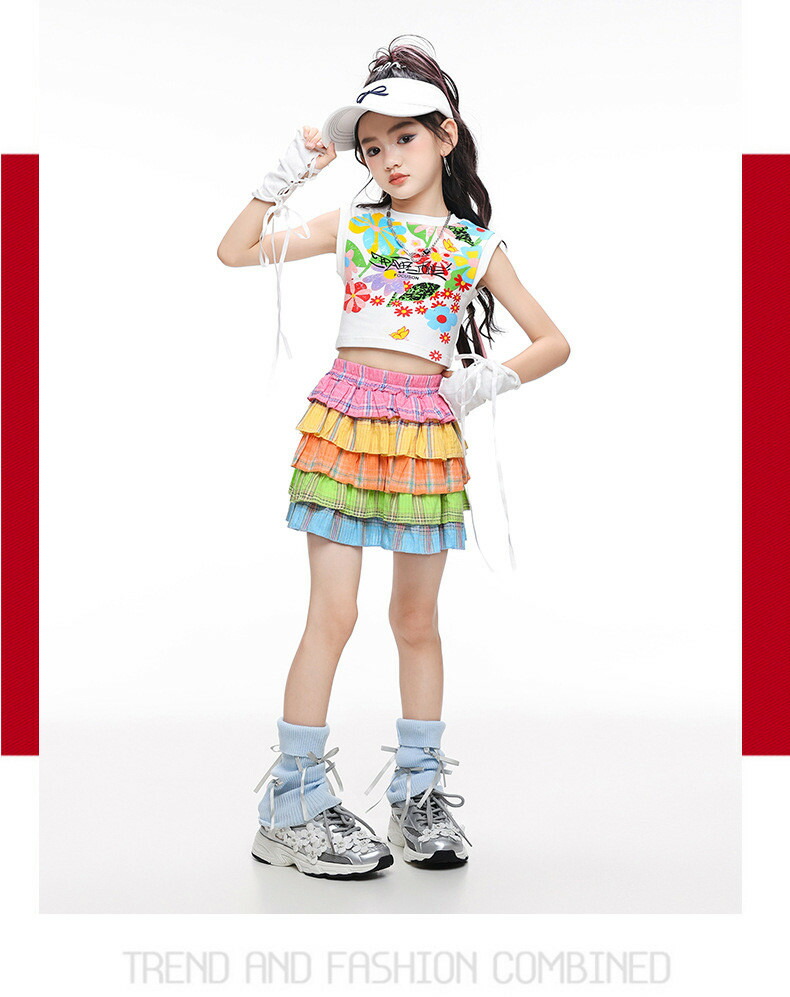 キッズダンス 女の子 虹色 スカート 3点セット 演出服 ピンク プリーツ