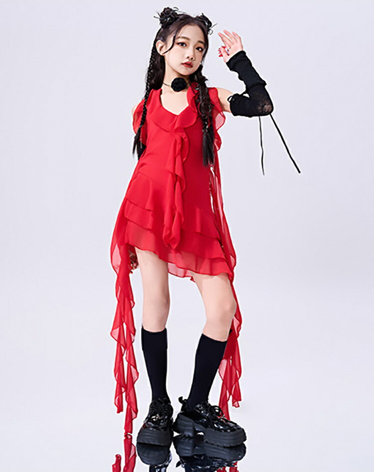 キッズダンス 衣装 チュール ヒップホップ 赤 韓国 hiphop jazz 子供服