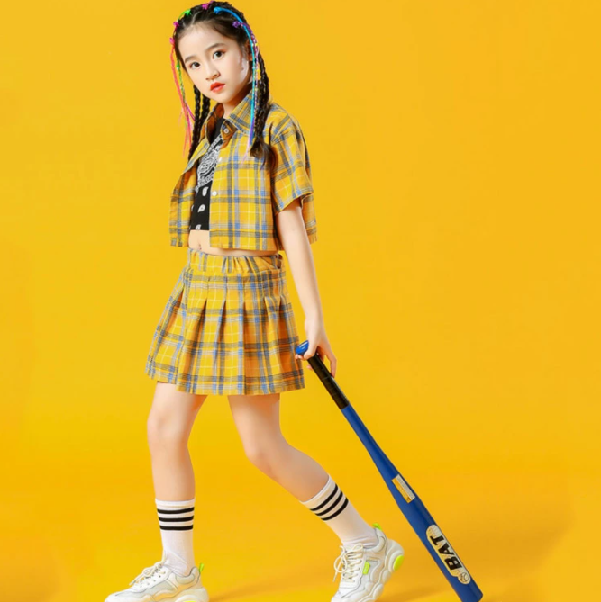 女の子 上下 黄色 ピンク チェック柄 キッズ ダンス衣装 トップス 韓国