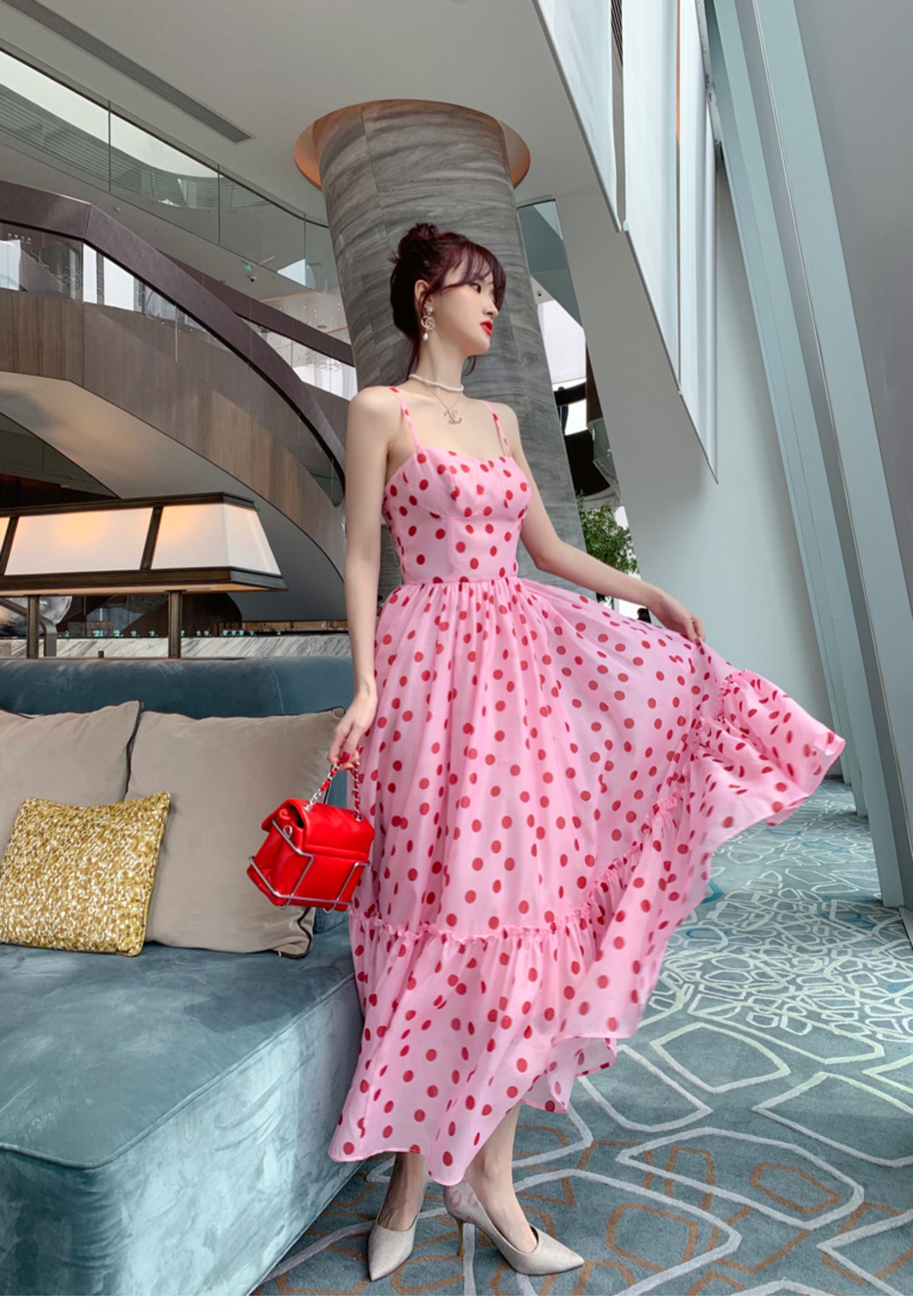 ドレス サマードレス おしゃれ ピンク ドット柄 ロマンティック