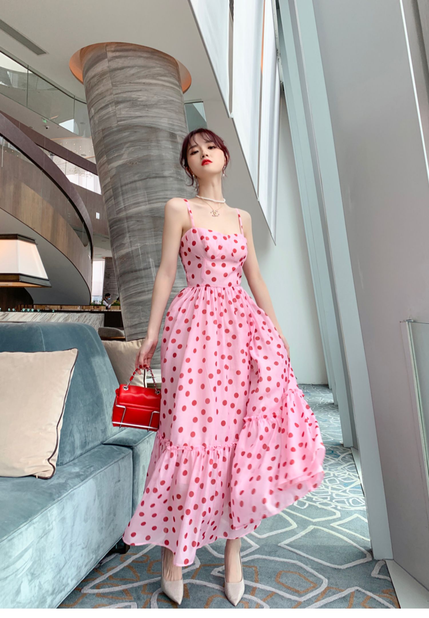 ドレス サマードレス おしゃれ ピンク ドット柄 ロマンティック