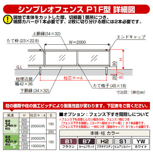 シンプレオフェンスP1F型 H1000タイプ（T100） フェンス本体のみ YKKap