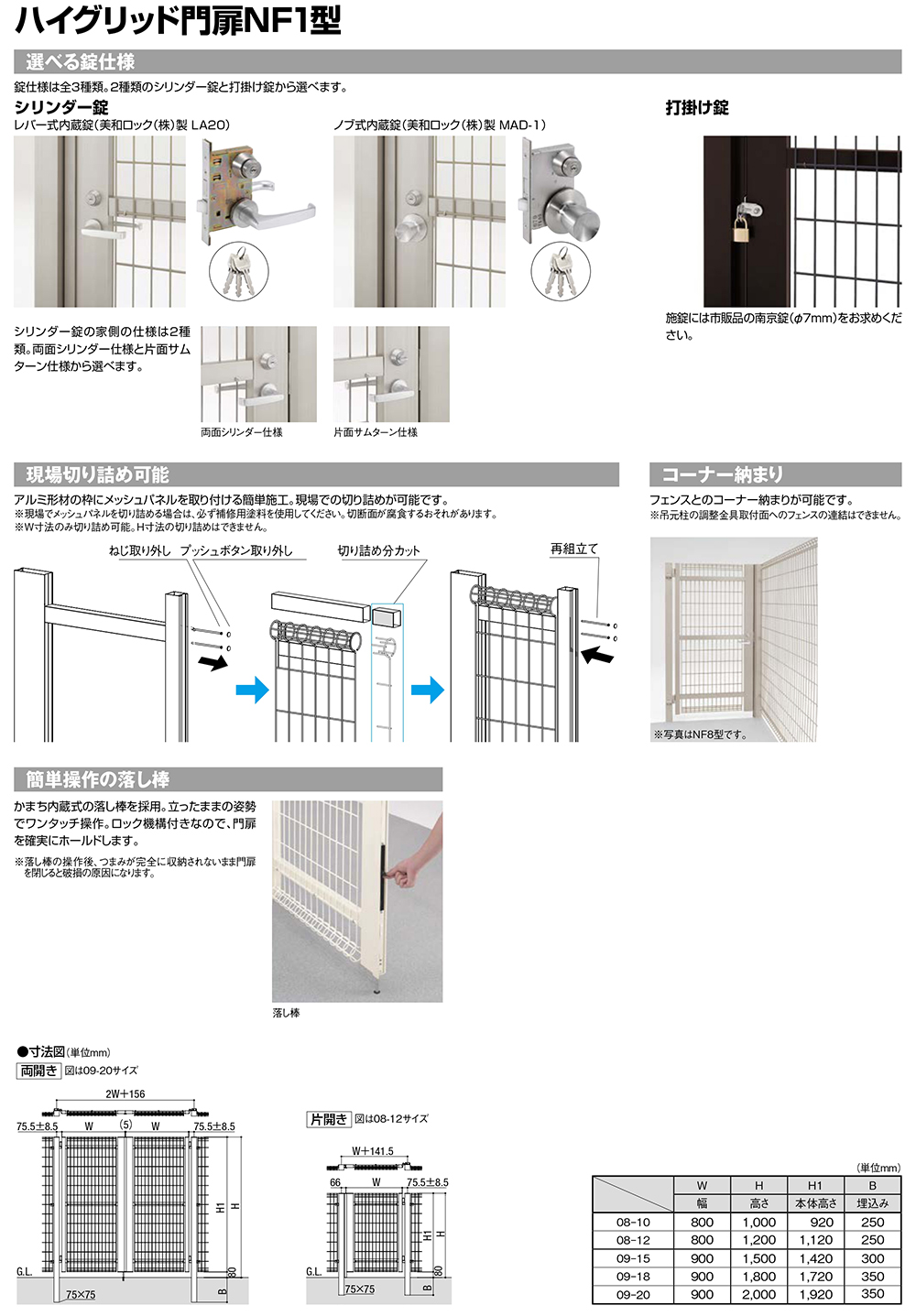 ハイグリッド門扉 NF1型 両開き 呼称：09-20 扉1枚寸法：900×2,000