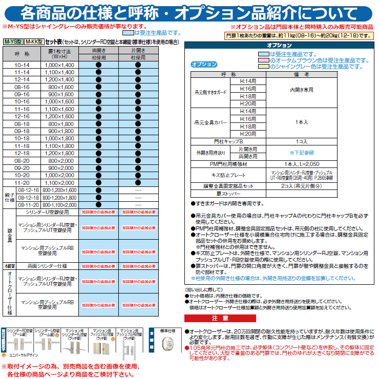 門扉 両開き エルネクス門扉M-KK型・M-YS型 柱使用 専用オプション品