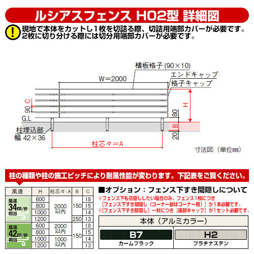 ルシアスフェンスH02型 H1200タイプ（T120） アルミカラー フェンス