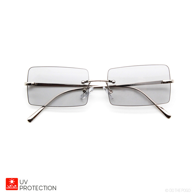 メタルフレーム グレーサングラス 角型 フレームレス カラーレンズ スクエアサングラス スリム 四角 グレー