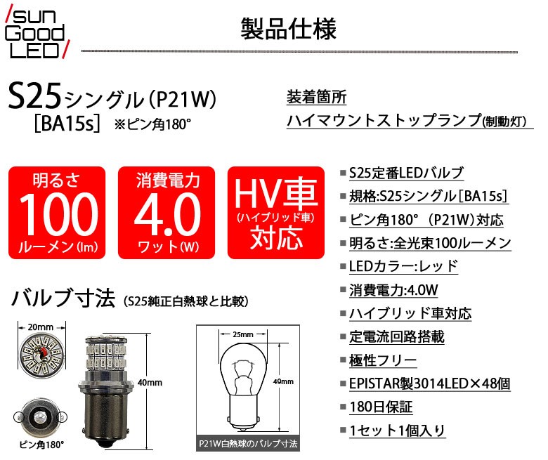 スズキ パレット SW (MK21S) 対応 LED ハイマウントストップランプ S25 BA15s 定番48連 100lm レッド 1個 b-b-6  : b-b-6-00059-152 : サングッド - 通販 - Yahoo!ショッピング