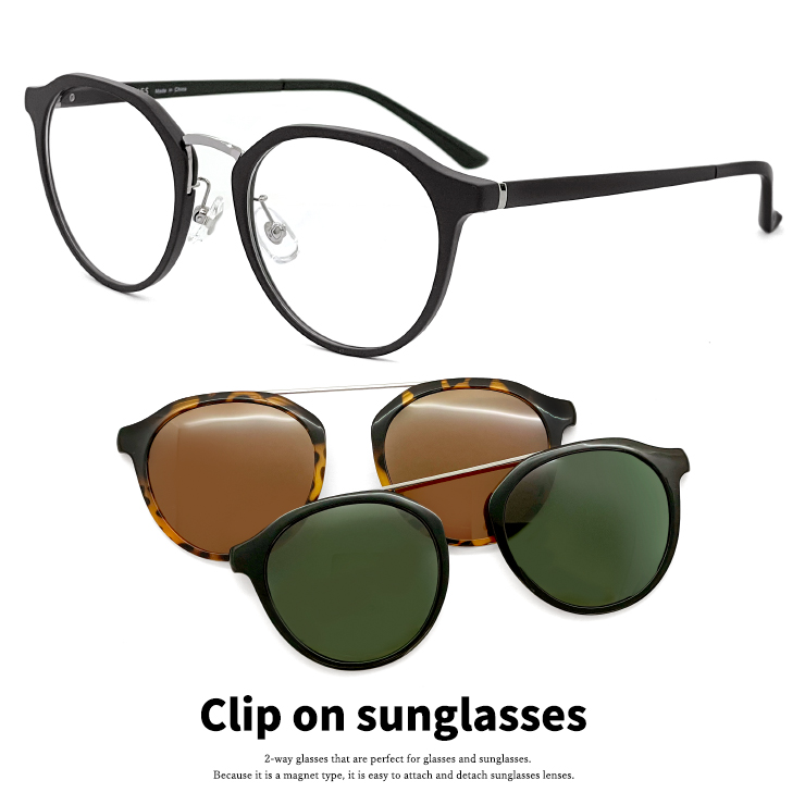 度付きサングラス クリップオン サングラス 偏光 レンズ付き 眼鏡 3130-1 メガネ 度入り 度あり メンズ レディース ボストン 黒縁 黒  ブラック