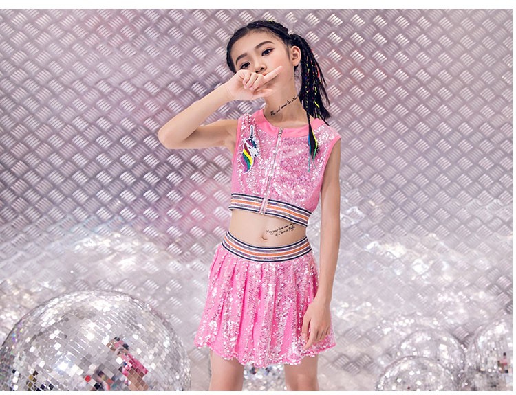 スパンコール ダンス衣装　女の子　ダンス   衣装 セットアップ  キッズ　 ヒップホップ  ダンス 衣装　ジャズダンス 衣装 チア チアガール　衣装 演出服