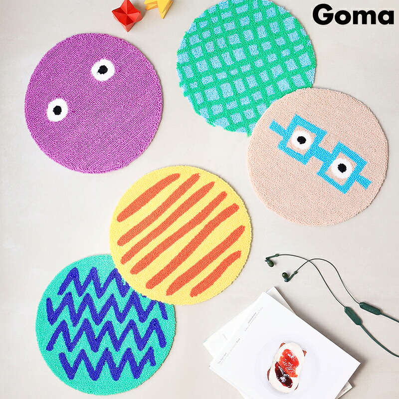 Goma ラウンドマット チェアパッド 丸 洗える 滑り止め チェアクッション チェアマット 座布団 33cm 椅子 チェア マット 顔 フェイス めがね チェック ボーダー ジグザグ goma ゴマ ポップ カラフル かわいい