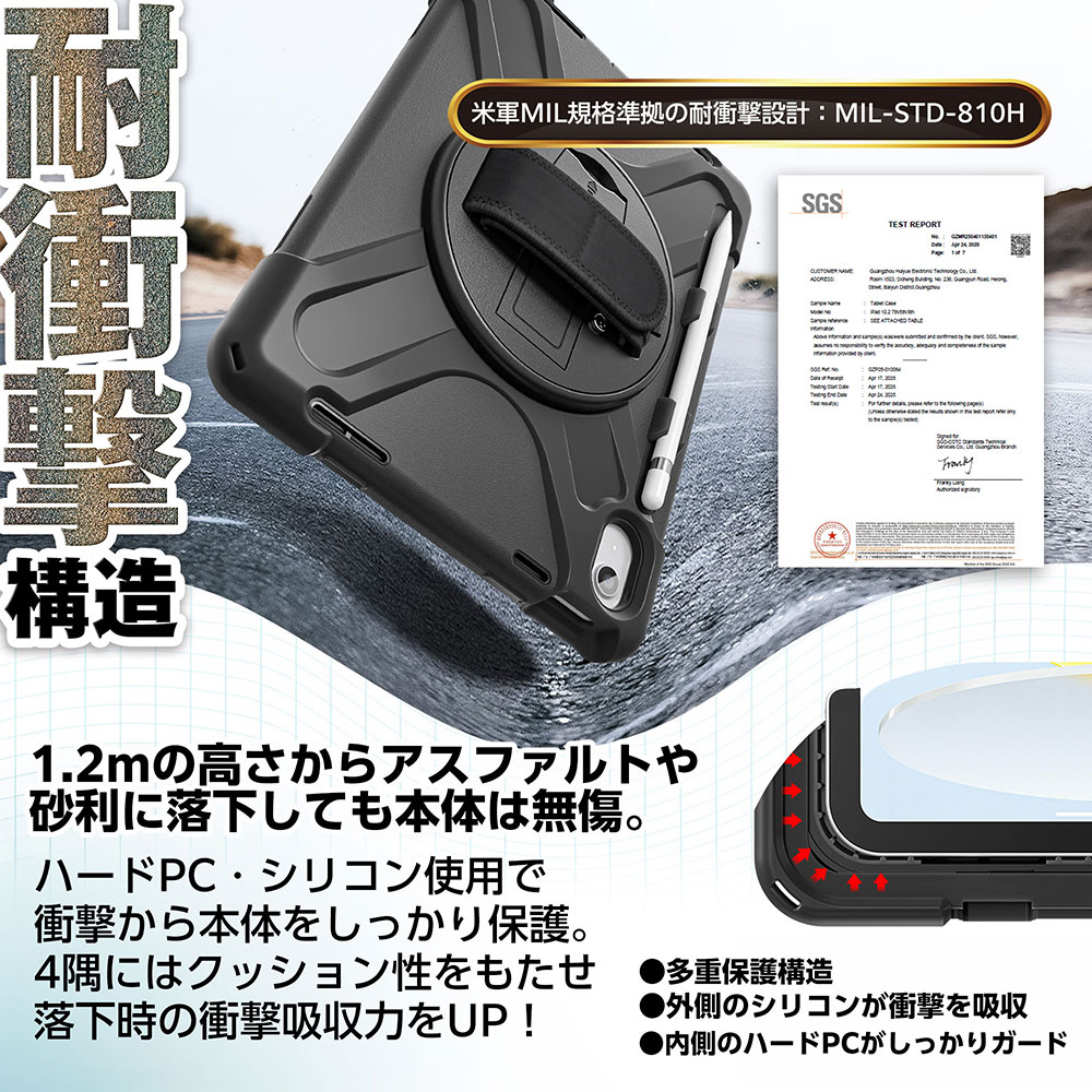 iPad MIL規格準拠 ブルーライトカットガラスフィルム付 A16 第11 10