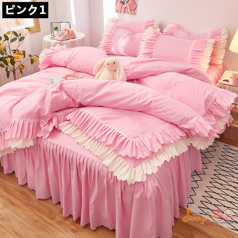 【割引通販】ベッド用品4点セットのピンクのベッドスカート、柔らかくて暖かいです シーツ・カバー