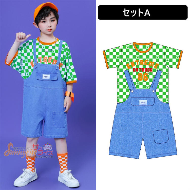 キッズダンス衣装 デニムサロペット 半袖Tシャツ 格子縞 虹Tシャツ 子供服 セットアップ つなぎ ...