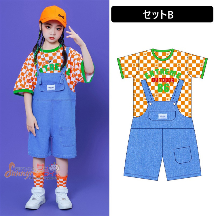 キッズダンス衣装 デニムサロペット 半袖Tシャツ 格子縞 虹Tシャツ 子供服 セットアップ つなぎ ...