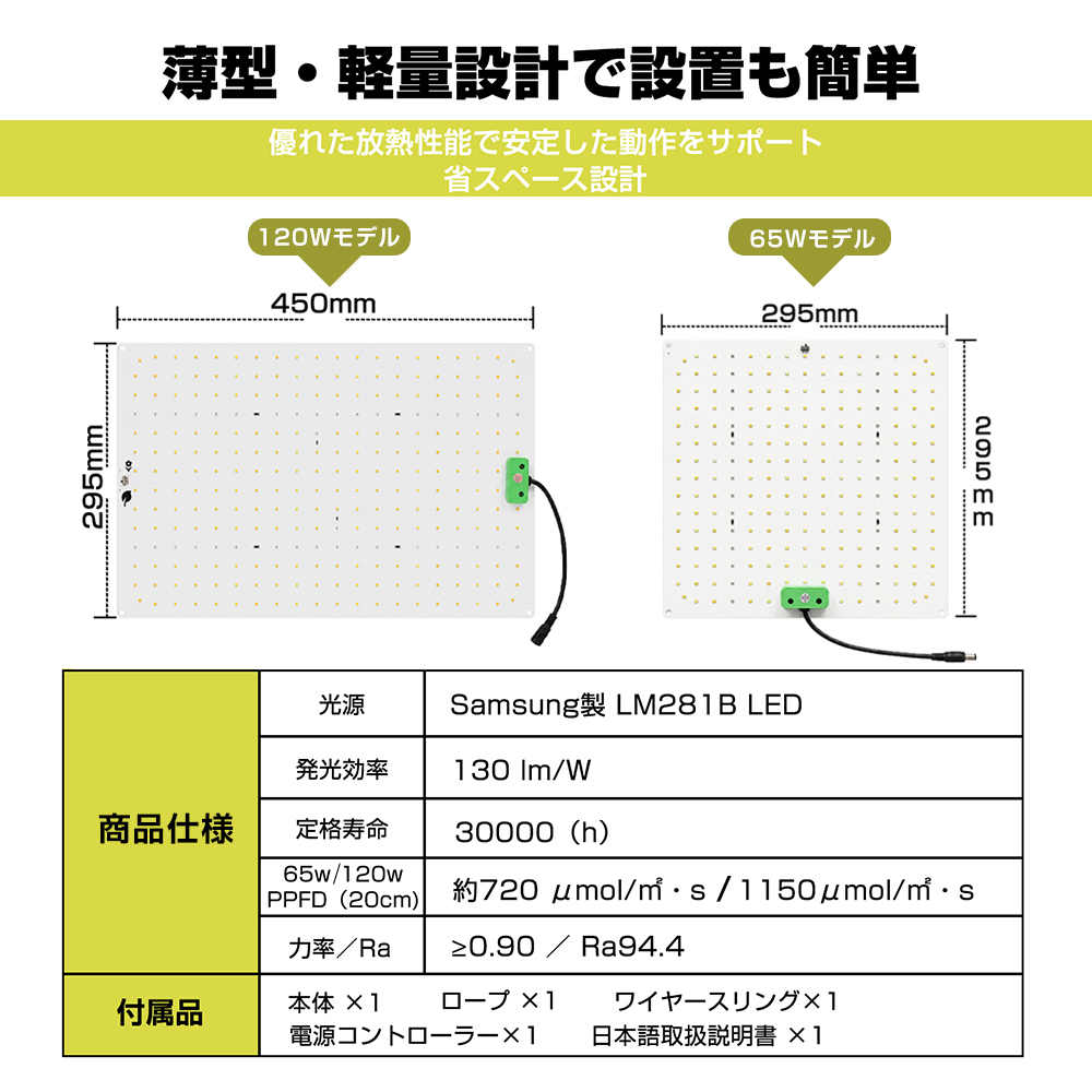 植物育成ライト LED パネル フルスペクトル 65W 120W 調光機能付き