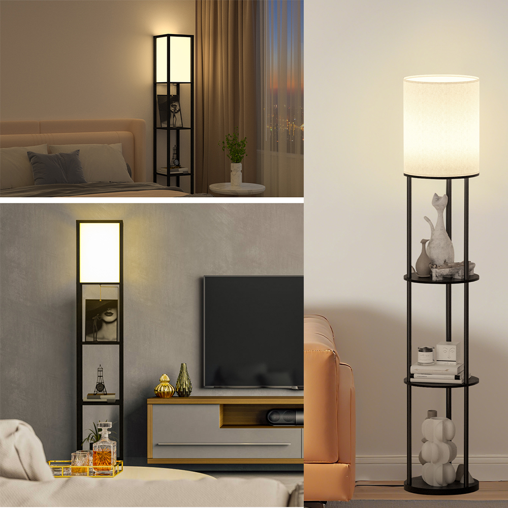 フロアライトテーブル棚付き  調光LEDリモコン付き Amazon.co.jp : 多機能 テーブル付き フロアライト 12W 木製 LED