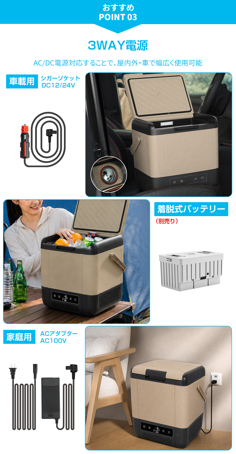 SUNPIE 車載冷蔵庫 18L ポータブル冷蔵庫 上開き -20℃ 12V 24V 100V