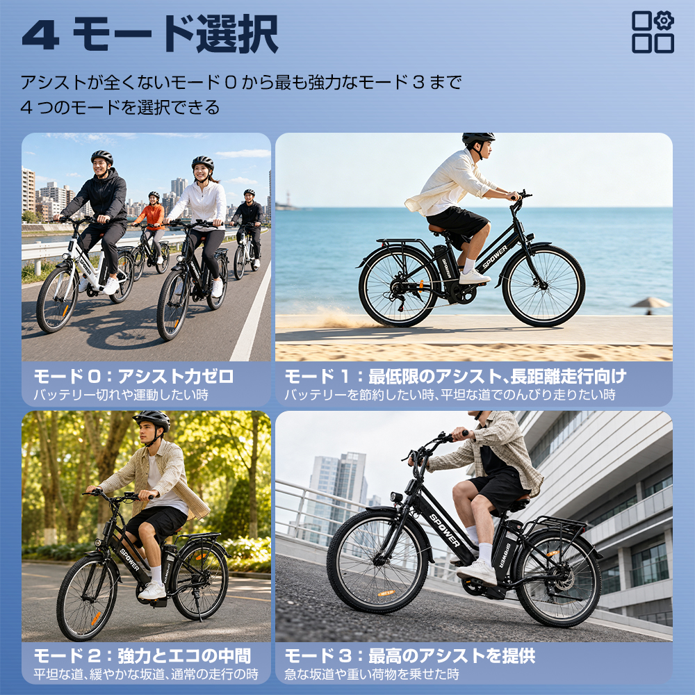 電動アシスト自転車 26インチ 7段変速 最大110km走行 リチウムバッテリー ディスクブレーキ 防水 LEDライト | SPOWER | 08