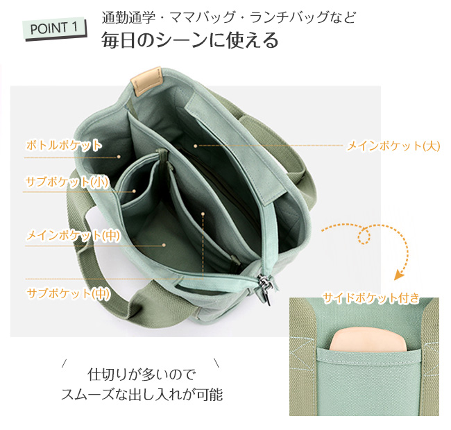 ミニ トートバッグ ハンドバッグ 肩掛け ショルダー 3つ仕切り