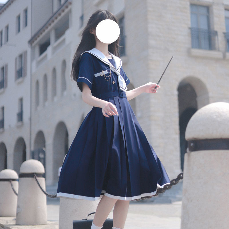 早割クーポン ワンピース チュニック ひざ丈 半袖 レトロ レトロ感 セーラー服風 森ガール セーラー服 女子高生 制服 セーラー襟付ワンピース 春 秋 マリン風 ひざ上丈 Aynaelda Com