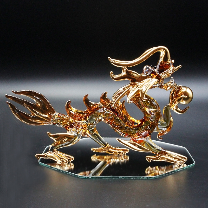 クリスタル 天帝 金龍 切子 水盃 八角鏡 台座 付 龍 置物 皇龍 皇帝龍