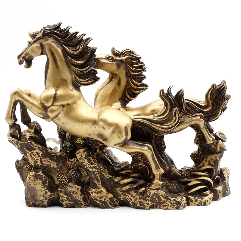 双馬 2頭馬 水晶付 開運 古金色 置物 幸運のインテリア置物 風水グッズ