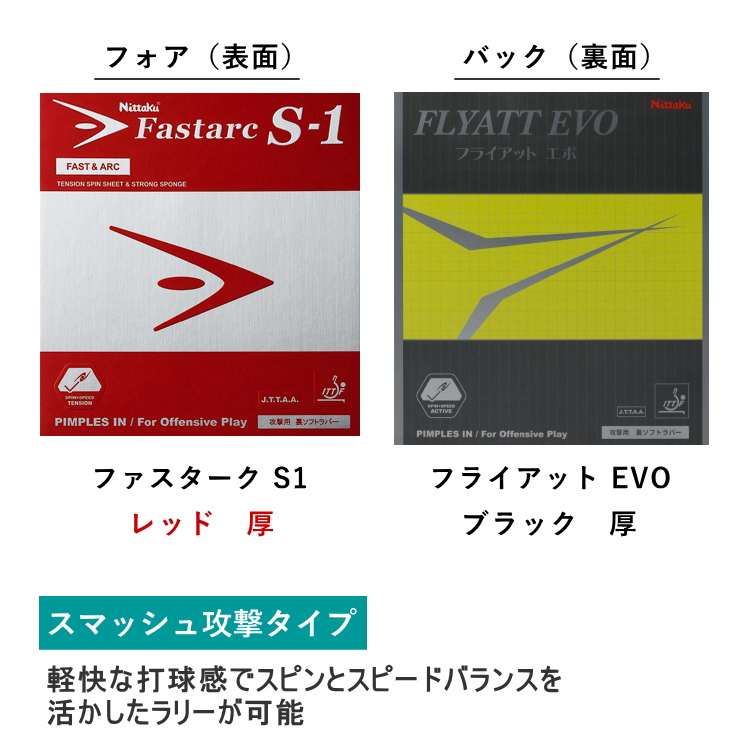 ニッタク Nittaku 卓球ラバー 貼り替えセット スマッシュ攻撃タイプ 裏ソフトラバー ファスタークS1 フライアットEVOの画像