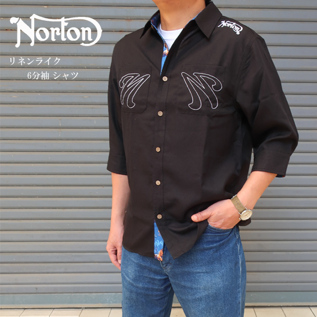 ノートン（NORTON） シャツ メンズ リネンライク 6分袖 シャツ 黒