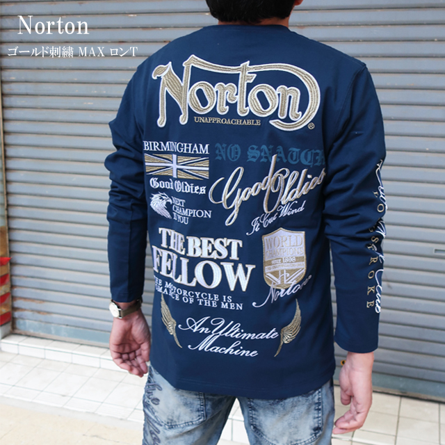 リッチな黄金のロゴ刺繍　在庫希少　ネイビーM　ロンT　  ノートン（NORTON） ゴールド刺繍 MAX ロンT メンズ カットソー 長T