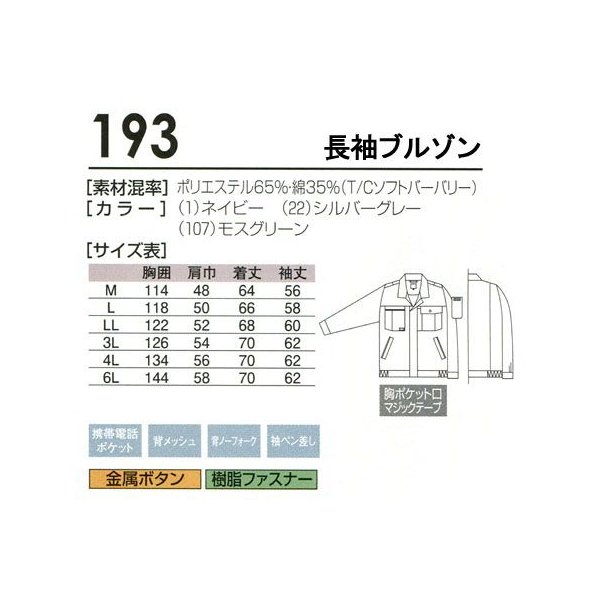 作業服 春夏用 作業着 長袖ブルゾン 桑和SOWA193 : 01-280-193-z