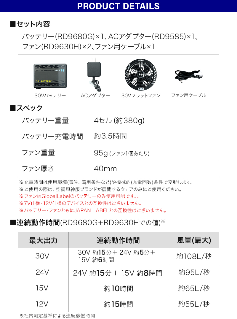 2026春夏新作】 空調風神服 30V グローバルレーベル ファン