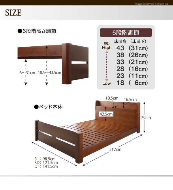 すのこベッド 頑丈 天然木すのこベッド 6段階高さ調節 ローハイ ベッド