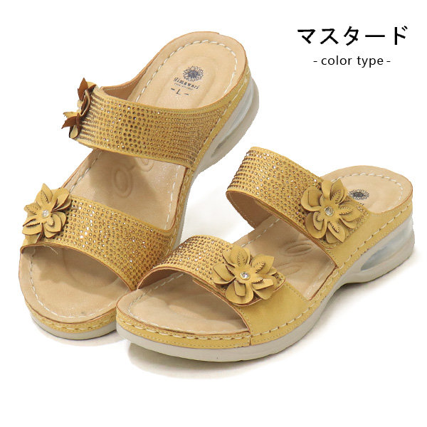 サンダル レディース マジック ぺたんこ 靴 軽量 花 ラインストーン