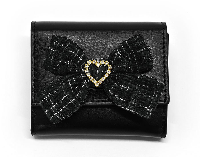 ツイードリボン 三つ折り財布 ミニ財布 ミニウォレット ガーリー