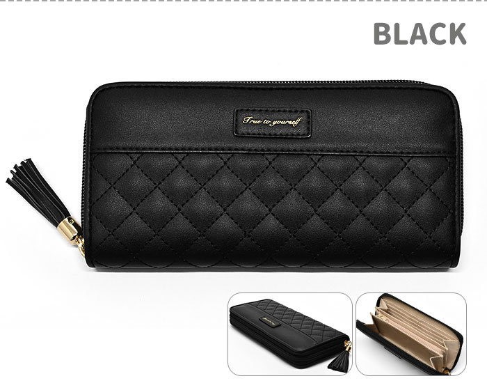 フェイクレザー キルティング タッセル付き ラウンドファスナー 長財布