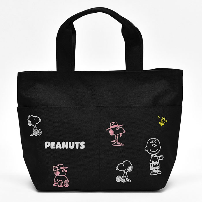 PEANUTS トートバッグ 黒 小さめ SNOOPY（スヌーピー） 刺繍 ミニトートバッグ レディース 小さめ