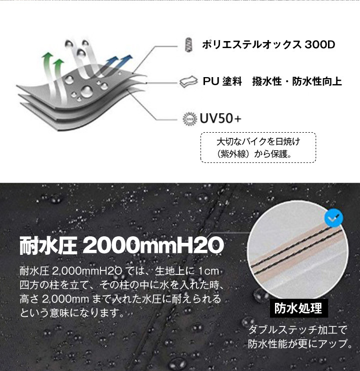 高品質バイクカバー 3XL 厚手 300D 撥水 防水 中型 大型 盗難防止 防犯 日焼け防止 UV50+ 反射板 耐水圧2000mm チェーン穴  固定バンド 収納袋付き :sn-bcover3xl-bk:SUPER NATTO - 通販 - Yahoo!ショッピング