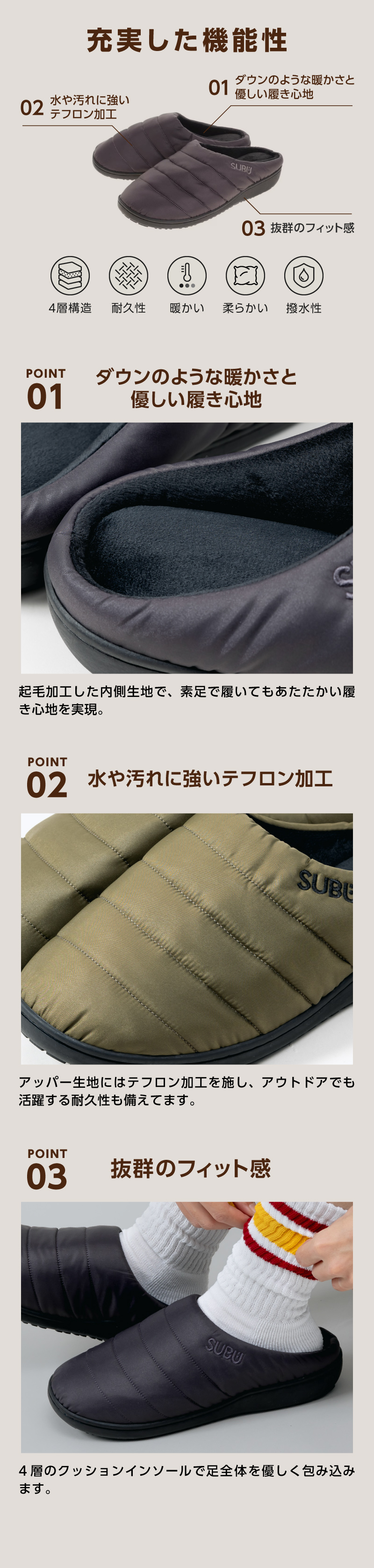 SUBU（スブ） （メンズ、レディース） モックシューズ サンダル 冬用