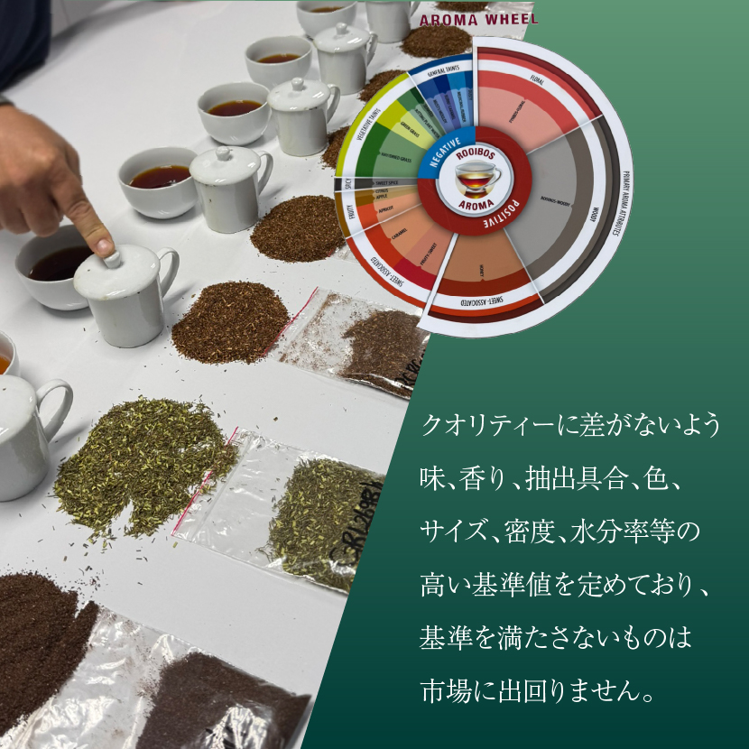 味 香り 抽出具合 色 サイズ 密度 水分率の基準値を定め基準を満たしたオーガニック グリーンルイボスティー