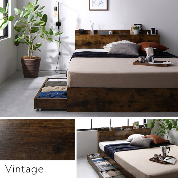 ベッド セミダブル ベッドフレームのみ シャビーオーク 宮付 収納