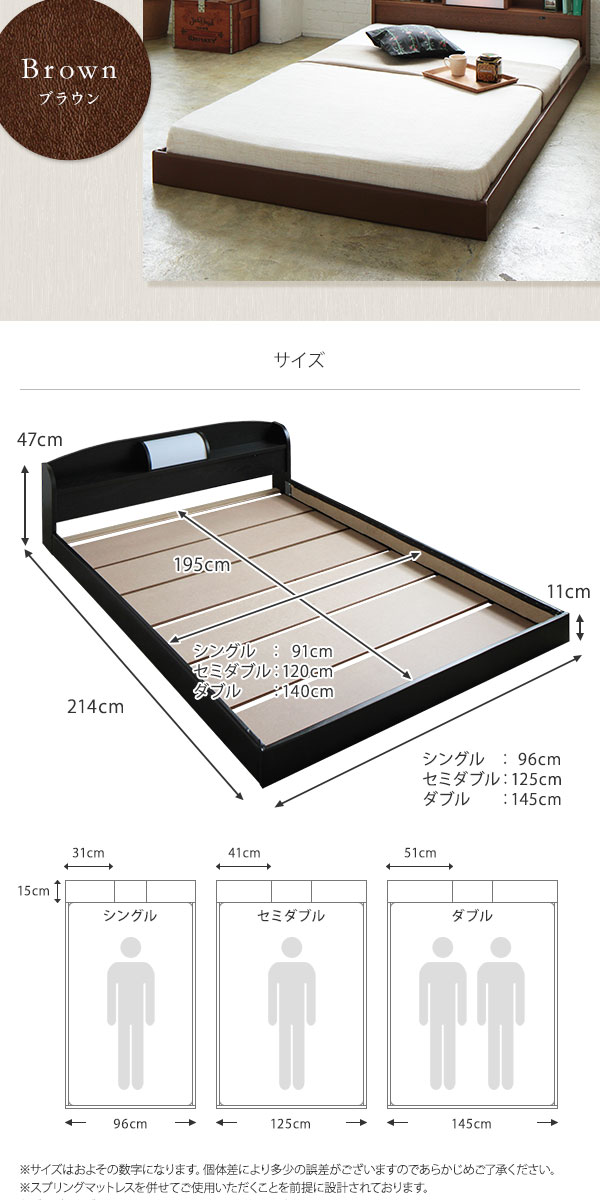 フロアベッド セミダブル 海外製ポケットコイルマットレス付き 片面