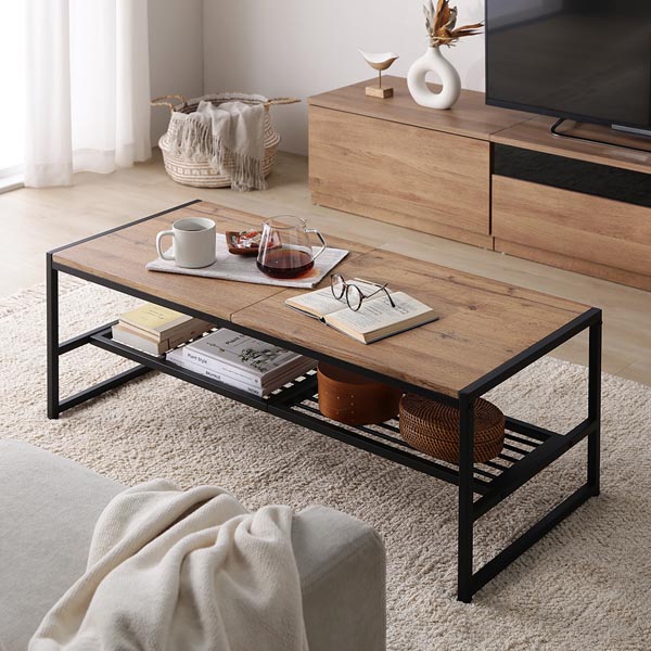 ローテーブル 単品 幅120cm ラスティックナチュラル 収納棚