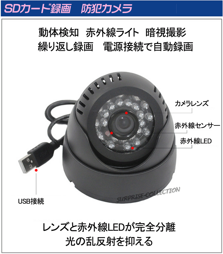 防犯カメラ 常時録画 ドーム型 SDカード録画 録音 赤外線 暗視 監視カメラ