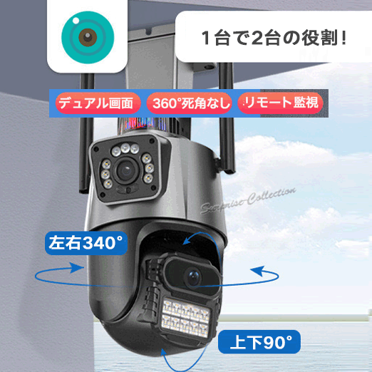 Supwellデュアル防犯カメラD3×1台　1台に2つのカメラで防犯 2つのカメラで全方位見守る！電源も配線工事も不要、高機能