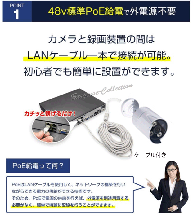 防犯カメラ 屋外 POE給電 セット 常時録画 電源不要 家庭用 屋内 動体