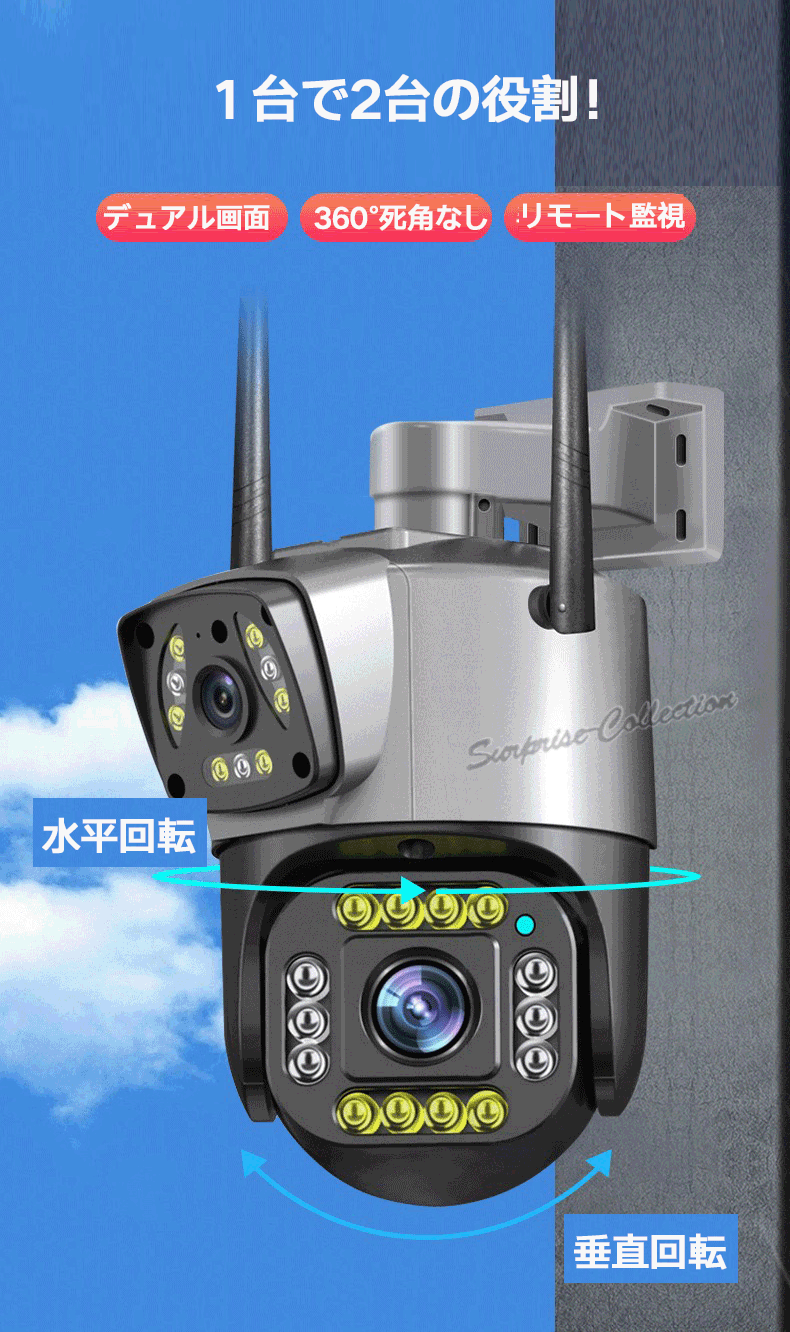 防犯カメラ 監視カメラ 屋外 200万画素 デュアルレンズ デュアル画面 常時録画 WiFi ワイヤレス AP ONVIF SDカード録画 人体検知  自動追跡 暗視