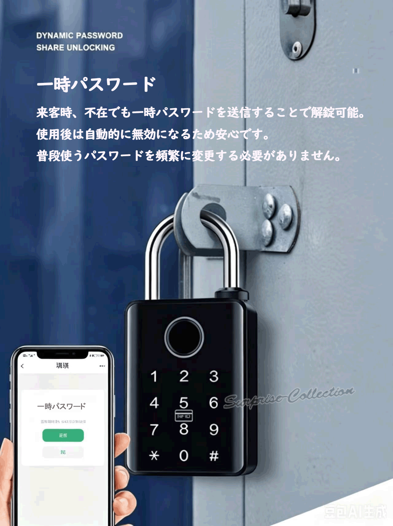 充電式南京錠 指紋認証 防水 防錆 Bluetooth解錠 暗証番号 ICカード