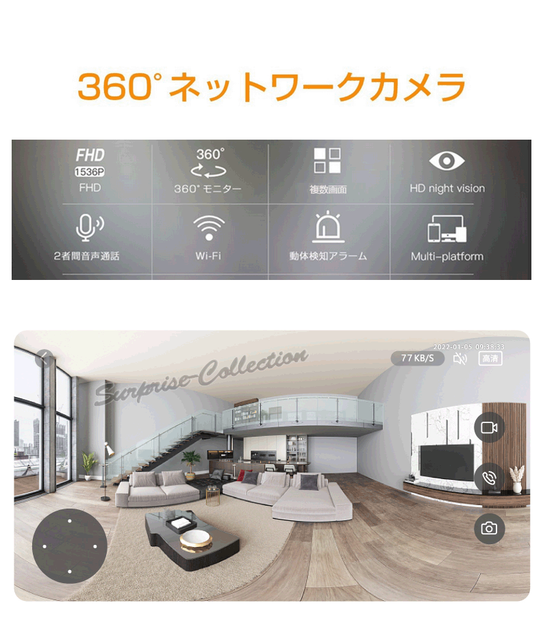 防犯カメラ 360度 Tuyaアプリ 200万画素 Wifi 常時録画 SDカード録画 動体検知 赤外線 双方向音声 屋内 監視カメラ